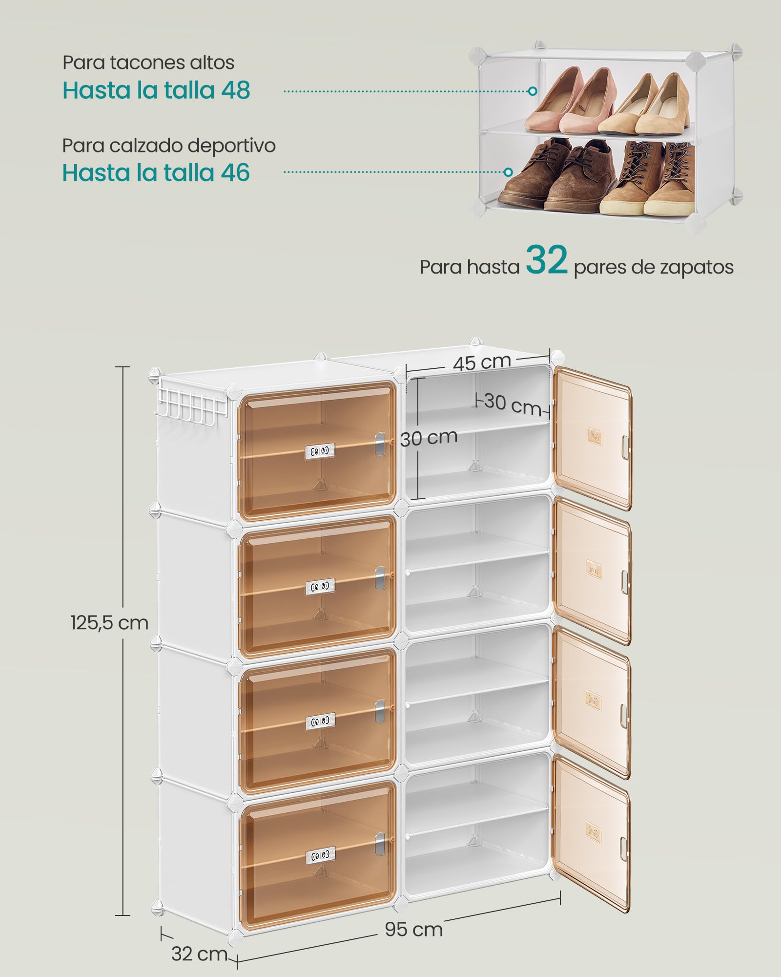 SONGMICS Zapatero de 8 Compartimentos, Zapatero Modular para Recibidor, 30 x 45 x 30 cm por Cubo, Puertas Transparentes, Metal, 32 Pares, Dormitorio, Blanco Nube y Marrón Transparente LPC054WH01