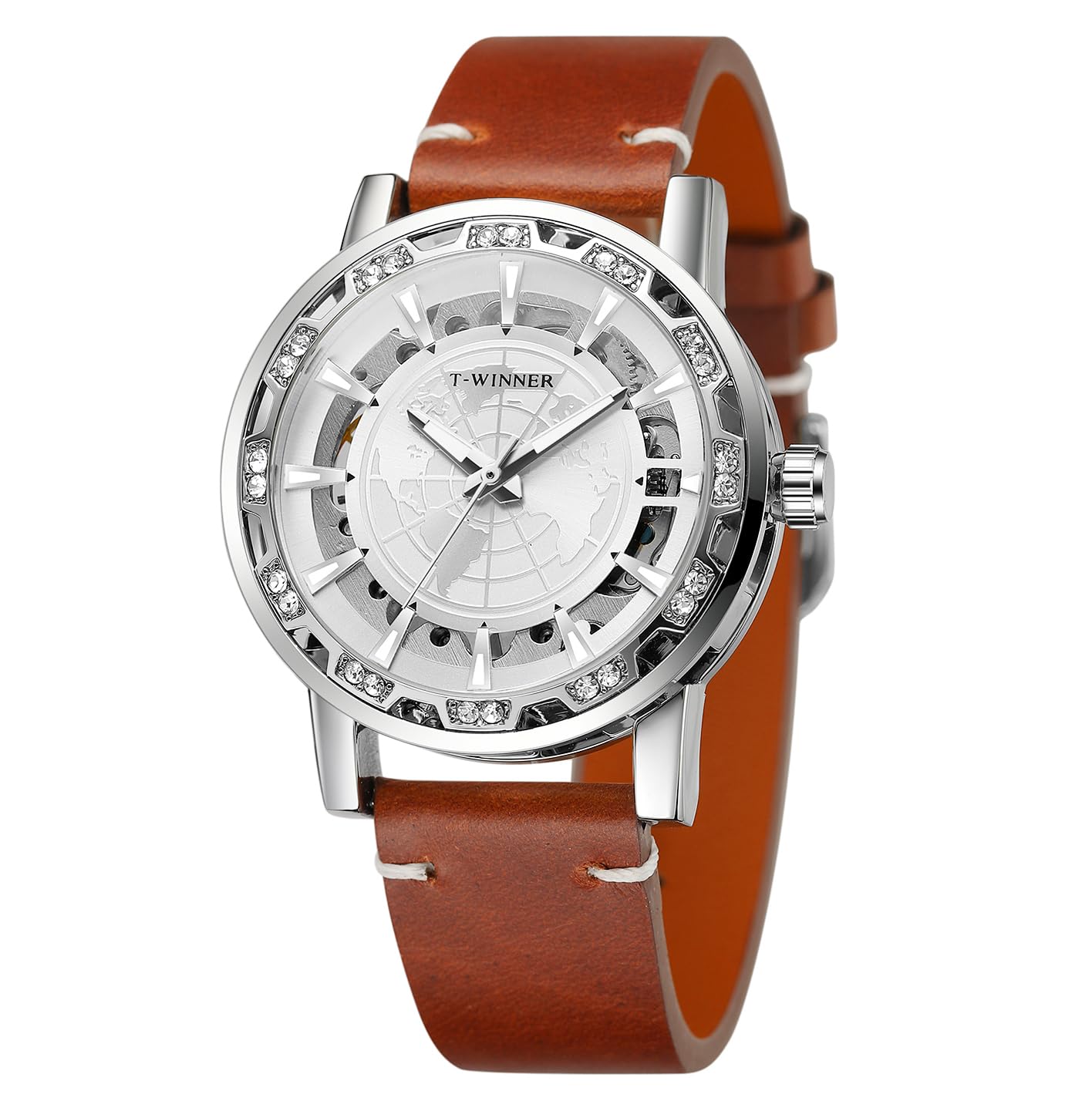 FORSINING Men Manual Wind Mechanical Skeleton World Map Carve Analog Watch with Genuine Leather Strap WRG8278M3S5, Silver and Brown, Modern (B0CNXLP346) Amazon Price History, Amazon Price Tracker