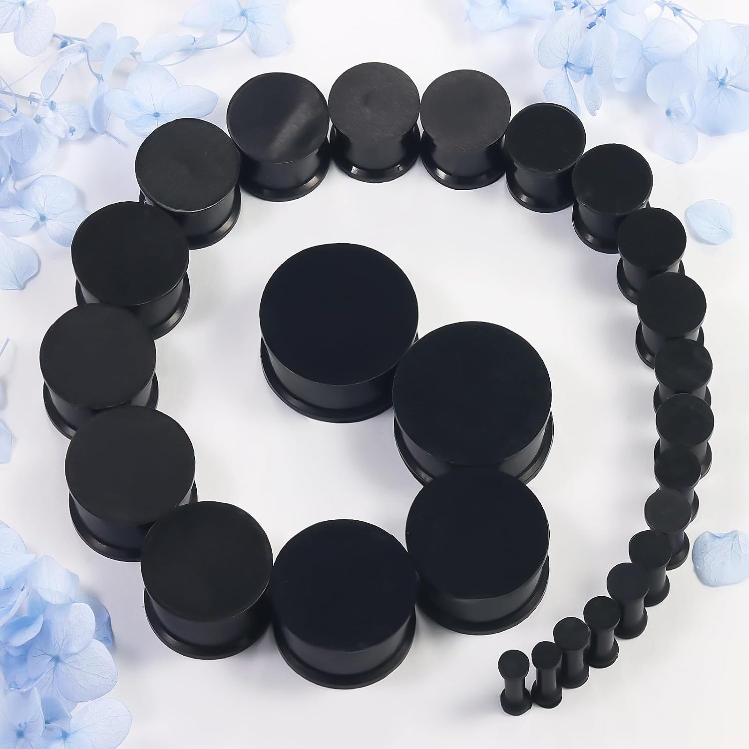 8G-25mm Black Soft Solid Silicone Ear Gauges Stretching Kit Double Flared Plugs Tunnels Expanders Stretcher Saddle Earrings Piercing Jewelry for Men Women Black White Flesh Skin Tone