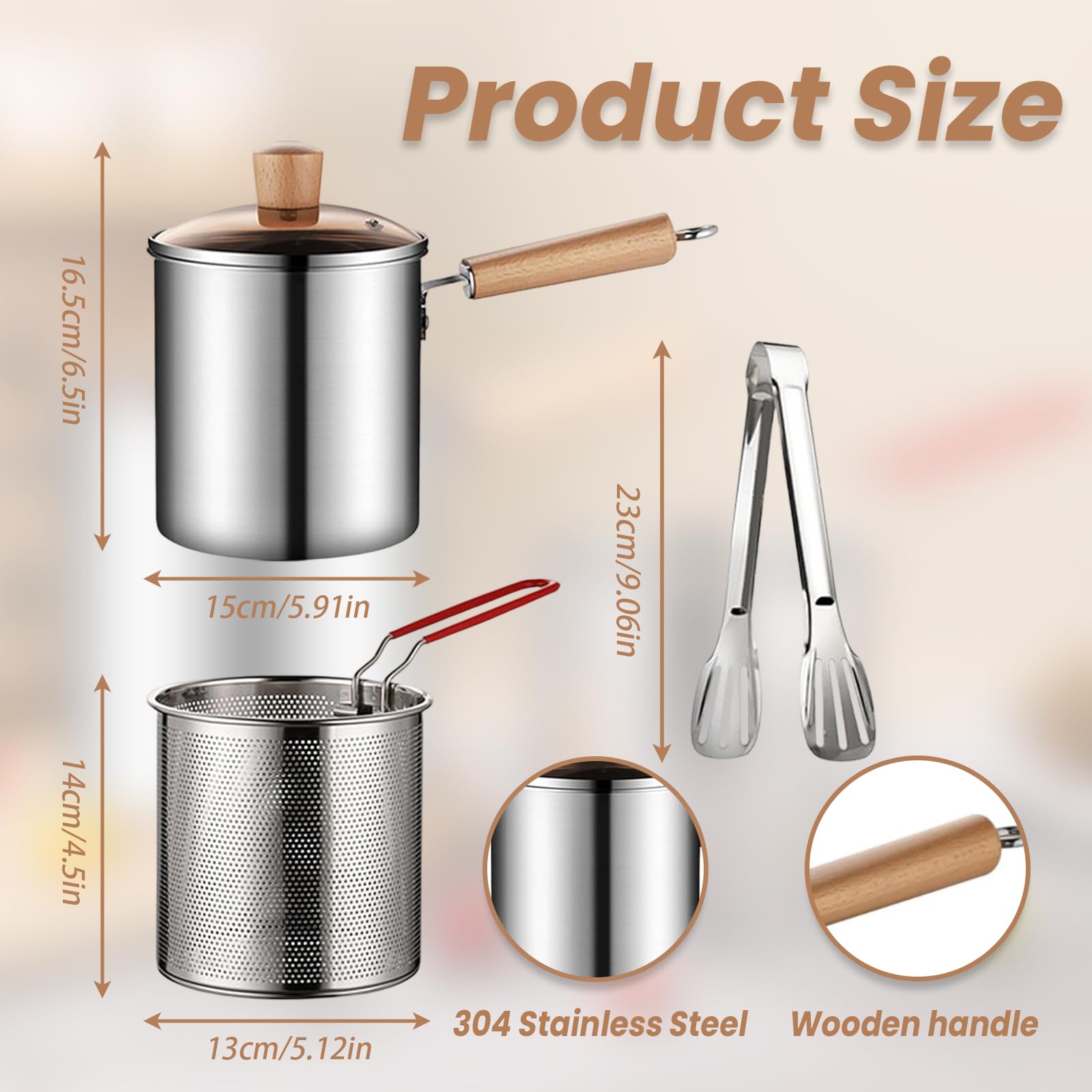 diceevil Deep Fryer Pot 304 Stainless Steel, 3L Japanese Tempura Frying Pot with Wooden Handle Strainer Basket and Tongs for Frying Fish Shrimp Chicken and Fries