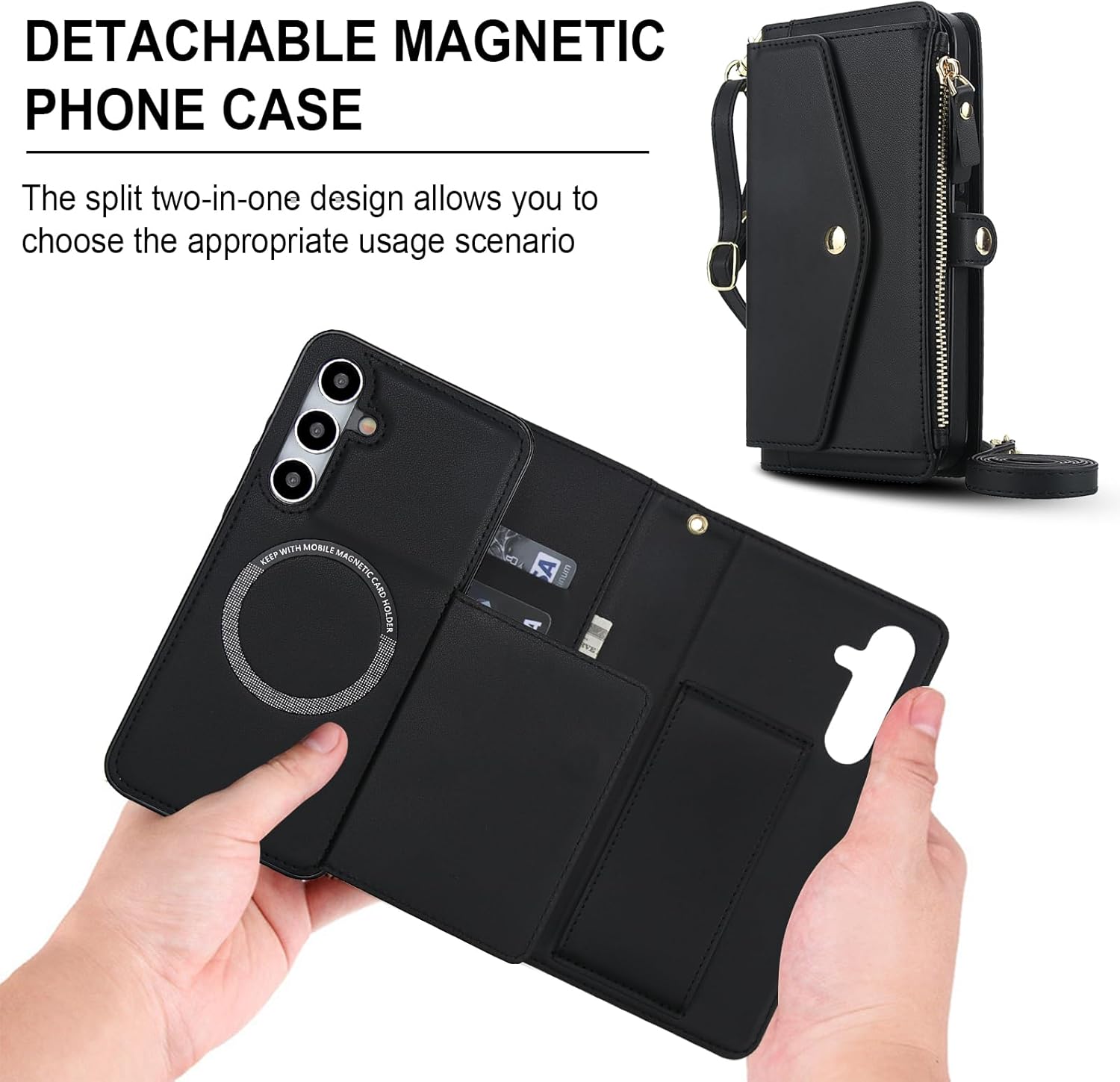 Asuwish Phone Case for Samsung Galaxy S24 FE 5G Wallet Cover Compatible with Magsafe RFID Screen Protector Crossbody Lanyard Strap Flip Card Holder Slot Zipper Cell Purse S 24 EF AI S24FE 24S Black