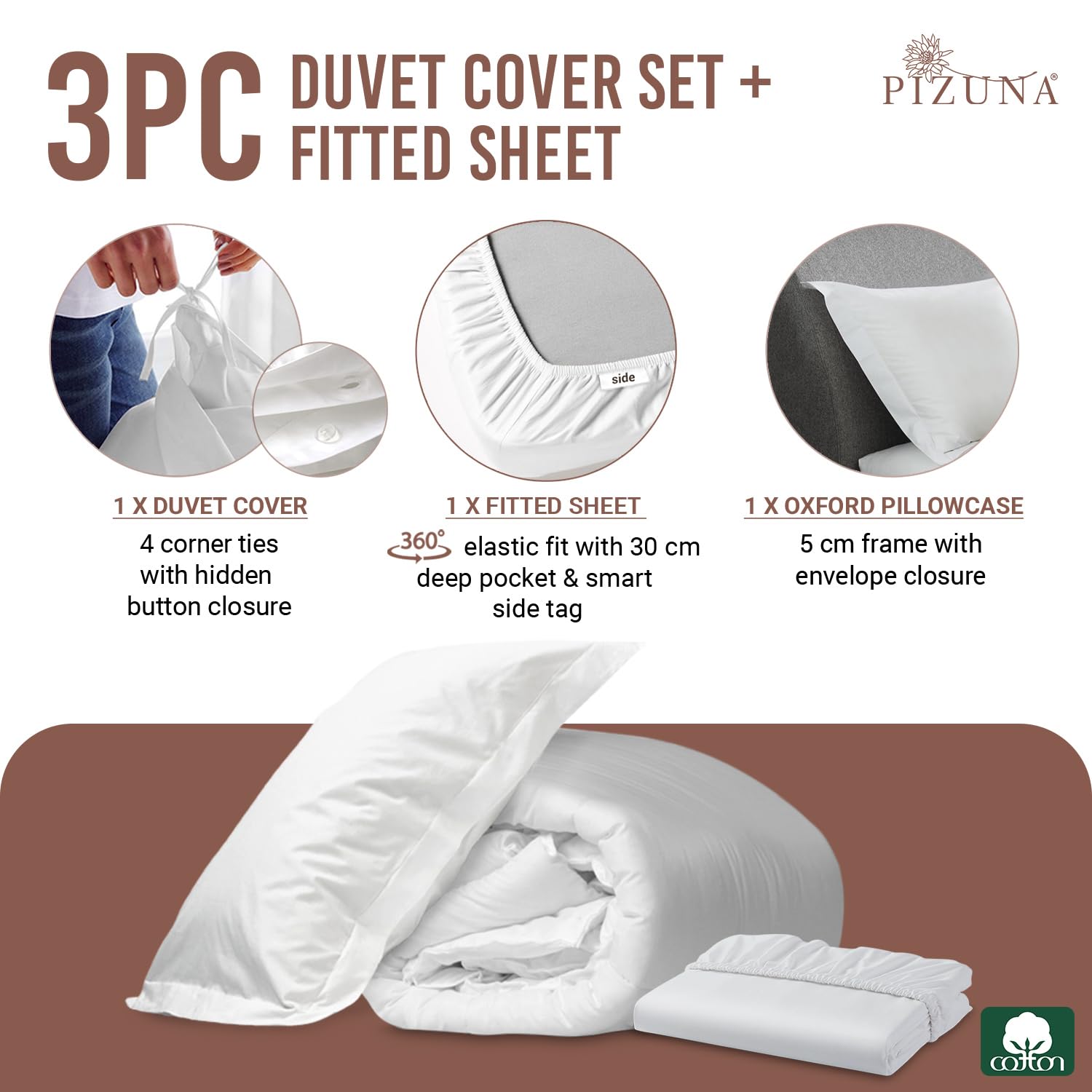 Pizuna Pure 100% Cotton Single Duvet Cover Set including Single Fitted Sheet White - Image 3