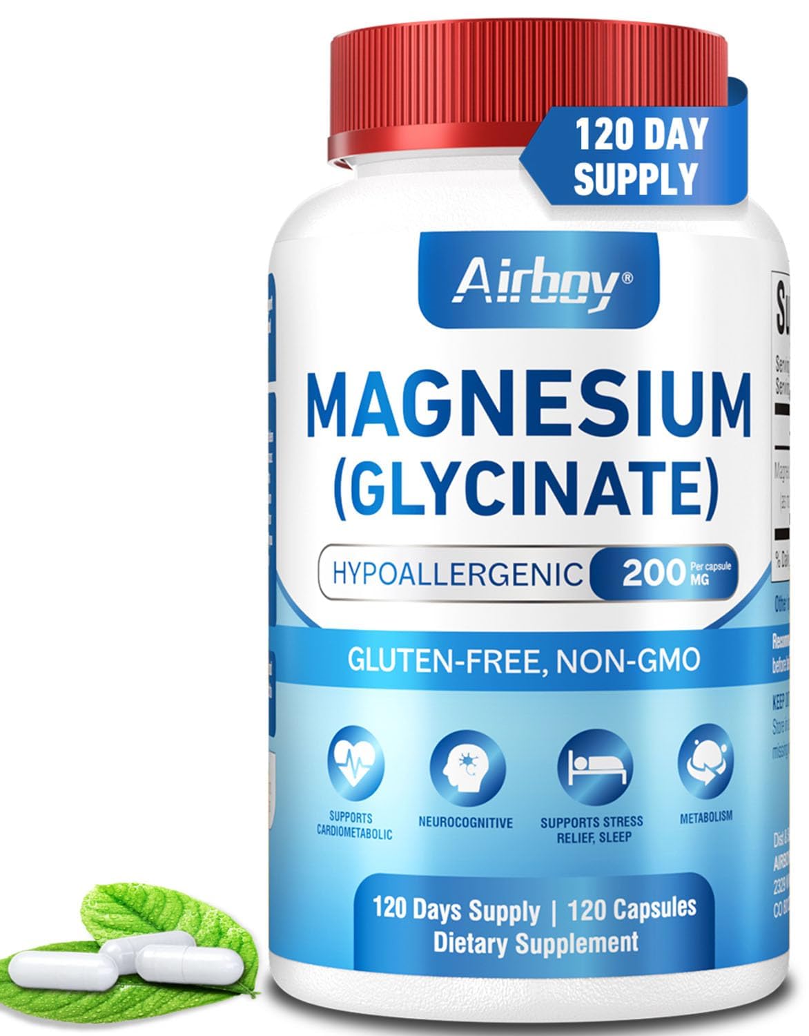 Airboy Magnesium Glycinate 200 mg, Best Magnesium Glycinate for Sleep,120 Vegan Small Capsules, High Absorption Support Relaxation, Sleep and Calm Mood,Non-GMO and No Gluten 120 Count (Pack of 1)