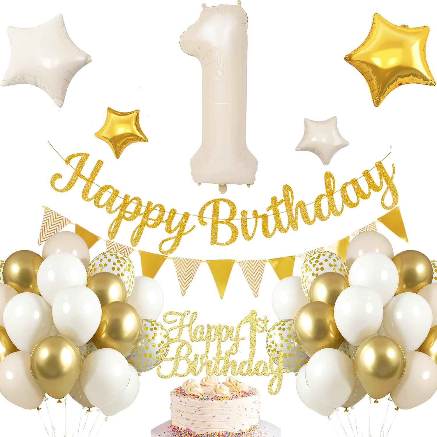 1st Birthday Decoration, 1 Birthday Boy White Gold, Birthday Decoration 1 Year Boy, Balloons 1st Birthday Happy Birthday Garland Balloon 1 Decoration for Birthday, Birthday Decoration Boys 1 Year — image 1