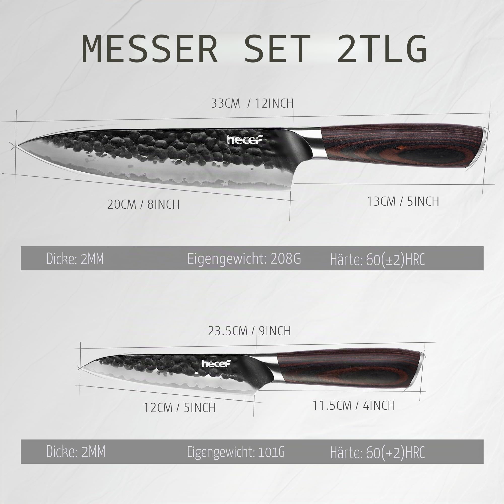 hecef Küchenmesser Set 2-tlg., 20 cm Kochmesser & 12,7 cm Allzweckmesser
