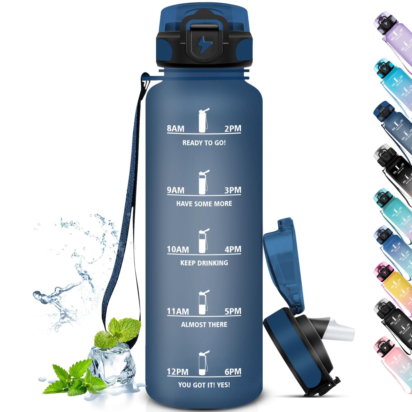 Grsta 1 Litre Water Bottle, Easy to Carry, Leakless Cycling Water Bottle, Adult Straw Bottle, with Drinking Times, for Sports, Gym, Trekking, Navy Blue