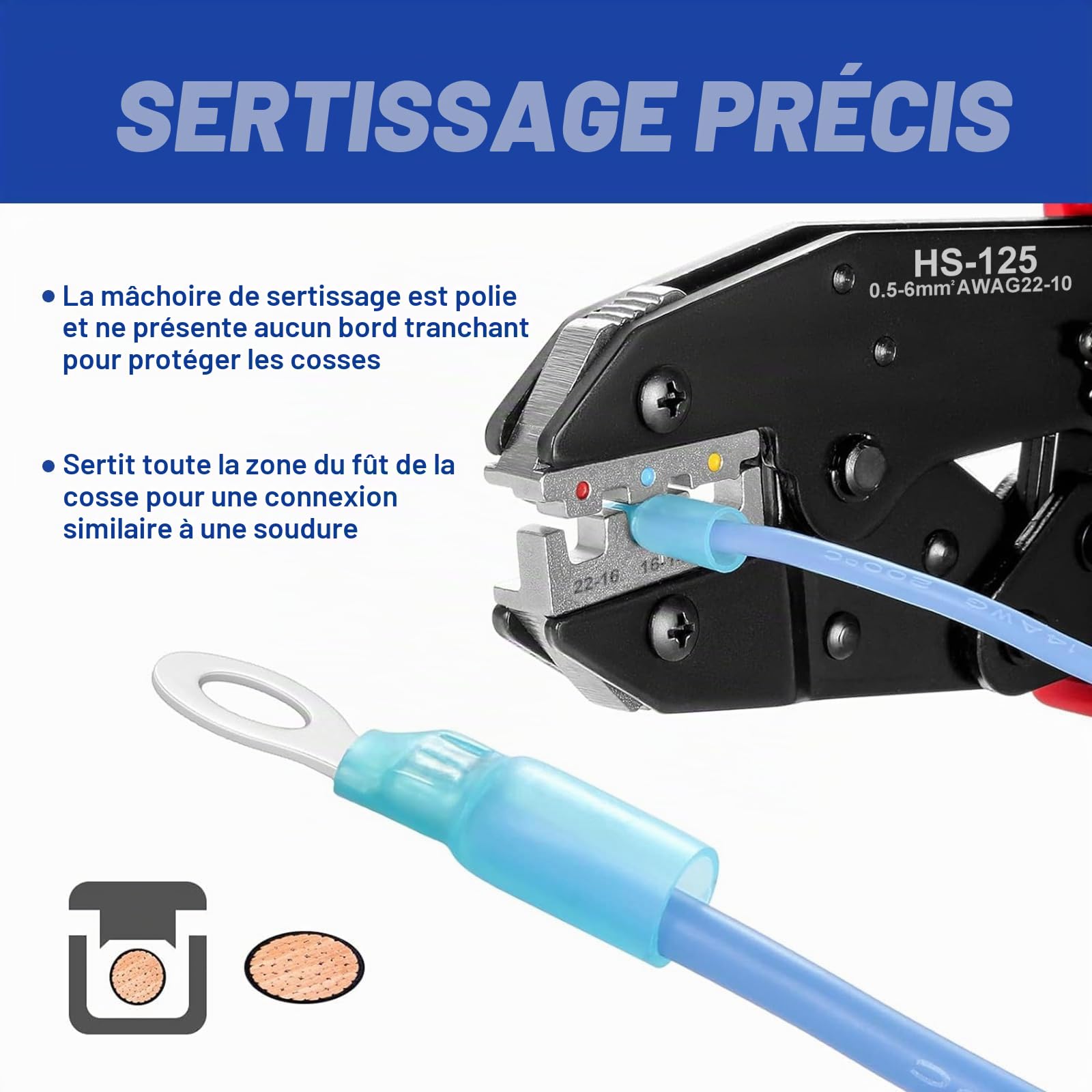 Pince à Sertir Kit, pince à cliquet pour gaines thermorétractables, nylon isolé, non isolé, embouts à bague, cosses à corps ouvert, connecteurs solaires - avec 6 matrices interchangeables