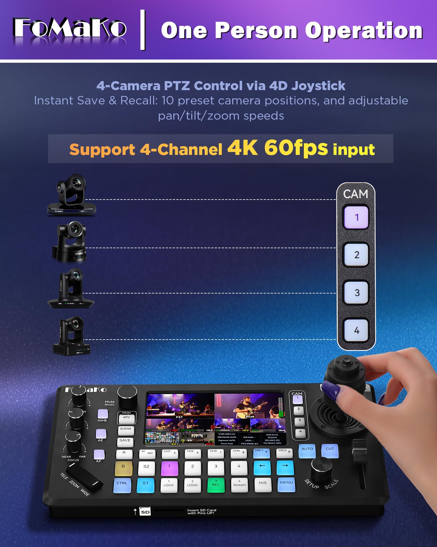 FoMaKo KC800 4K HDMI Videomischer Switcher, integrierter 4D-Joystick-PTZ-Controller, 5,5"-LCD-Bildschirm, professioneller XLR-Audioanschluss und USB/SD-Aufnahme, 4K 60FPS Eingang, 1080p 60FPS Ausgang
