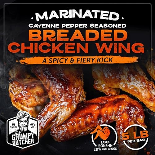 Miniatura 2 de Grumpy Butcher - Alitas de pollo picantes (bolsa de 5 libras, 2 bolsas)  Alitas calientes totalmente cocidas con revestimiento de pimienta de cayena