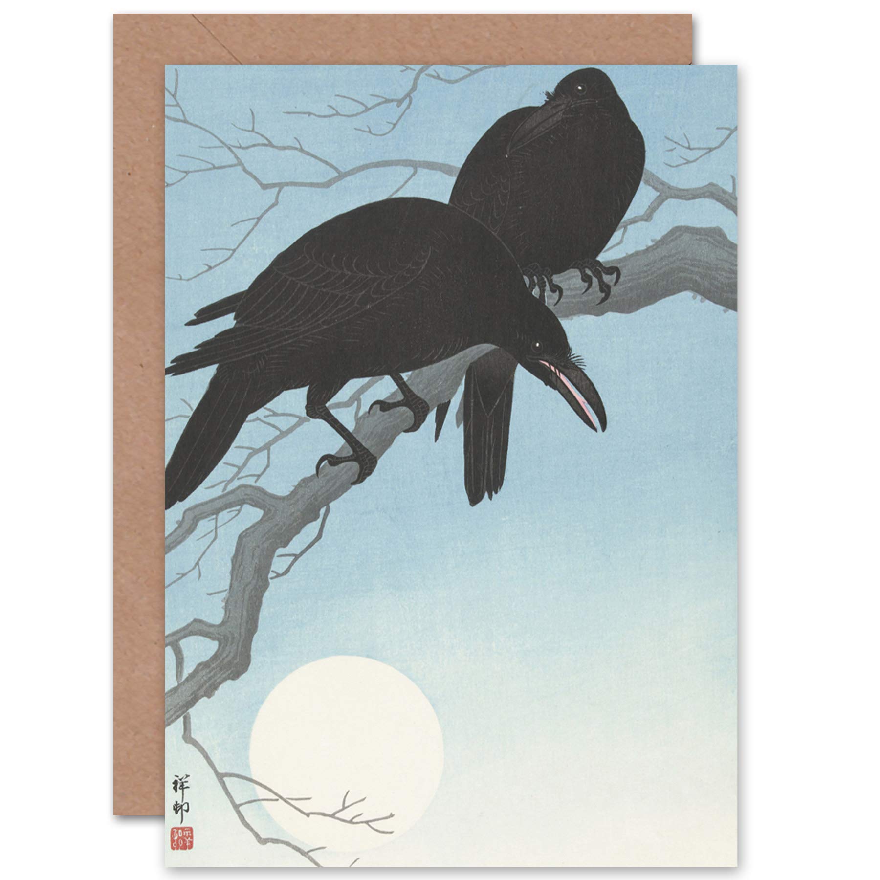 Artery8 Two Crows Tree Branch Ohara Koson Japanese Woodcut Fine Art Greeting Card Plus Envelope Blank Inside