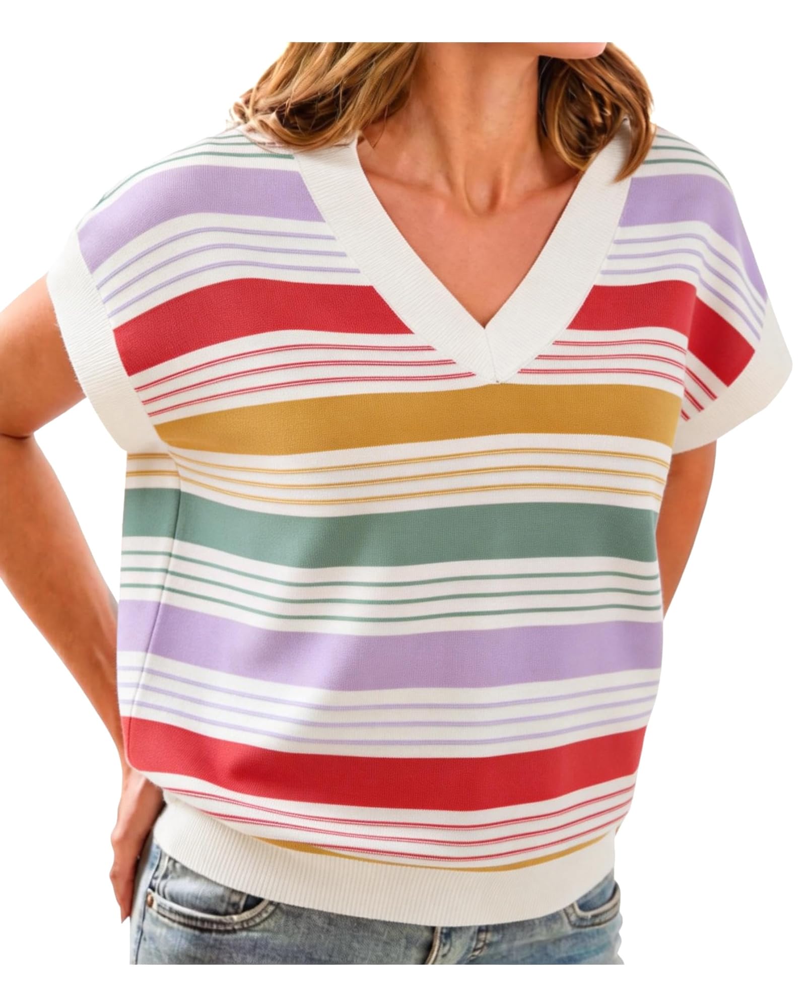 Womens Cap Sleeve Sweater Vest Striped Color Block V Neck Sleeveless Tank Top Loose Summer Sweater Vest Tops-image-41