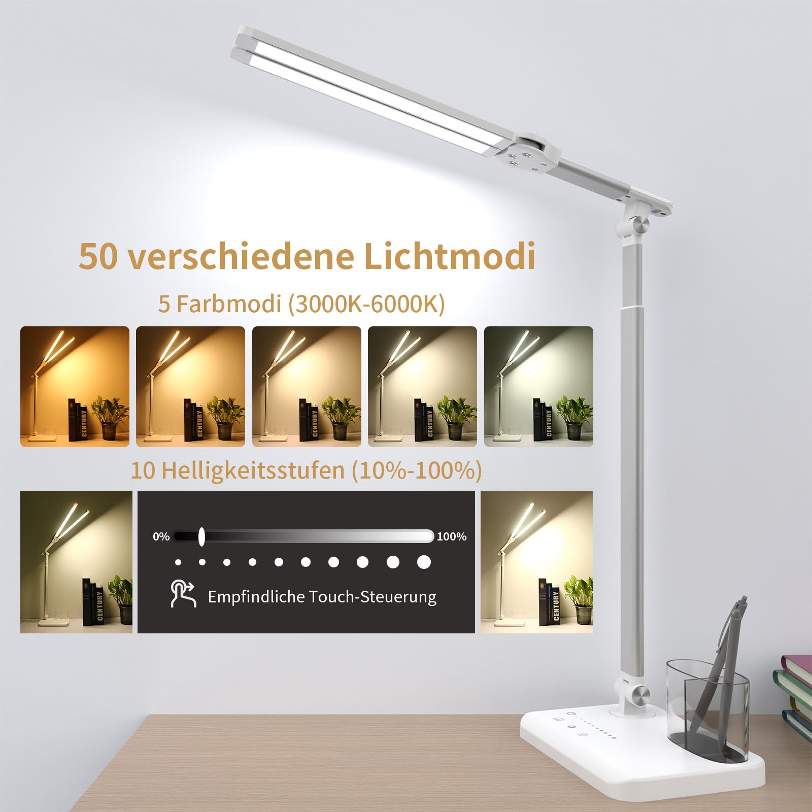 iVict Led-Schreibtischlampe, Doppelkopf, höhenverstellbar, dimmbare Nachttischlampe mit USB-Ladeanschluss, 5 Lichtmodi, Schreibtischlampen für Kinder, Touch Control zum Lesen, Basteln, Arbeiten