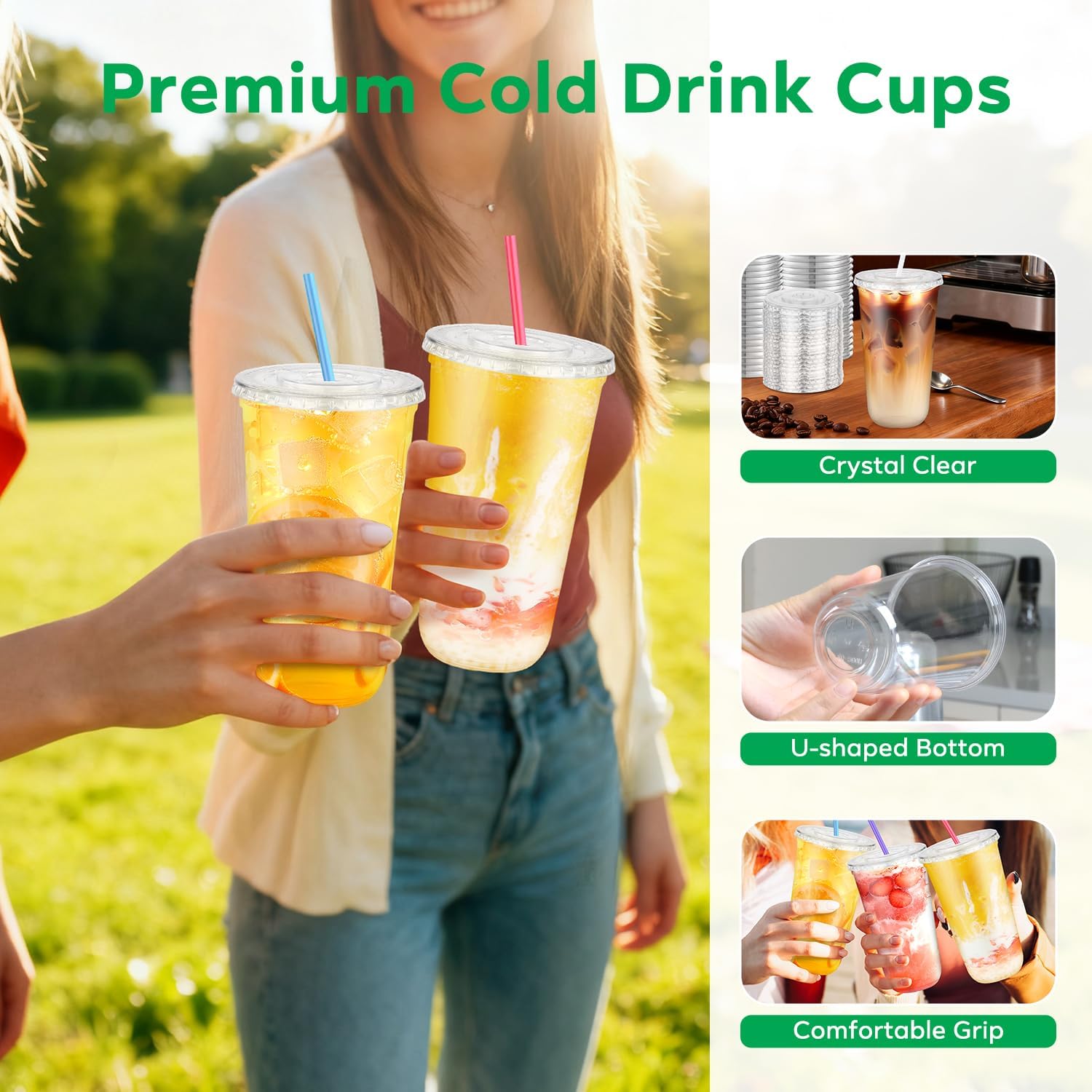 100PCS 20 oz Clear Plastic Cups with Lids and Colorful Straws, Round Bottom Disposable To Go Coffee Smoothie Juice Bubble Tea Cups, PET Party Cups for Holiday, Birthdays, Picnics, Christmas
