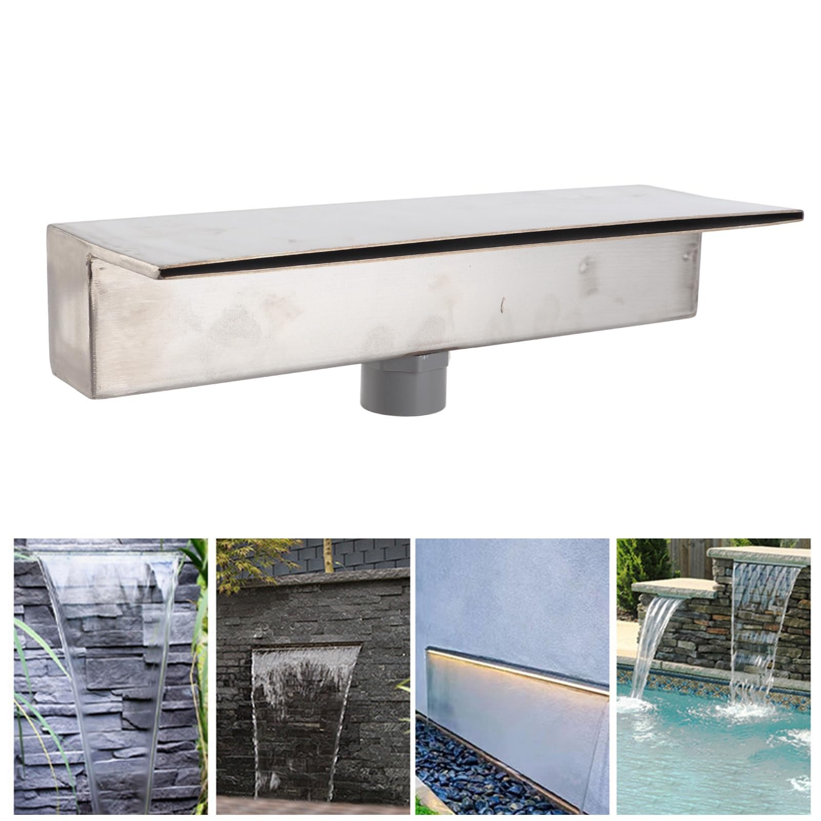 Salida de Cascada, Aliviadero de Fuente Decorativo de Acero Inoxidable 304 con Elegante Acabado Pulido y Diseño de Apertura Superior Amplia, para Patio, Jardín, Villa, Piscina (300MM)