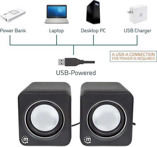 Miniatura 2 de Manhattan Sistema de altavoces estéreo alimentados por USB, tamaño pequeño, con control de volumen y enchufe de audio de 0.138 in para conectar a