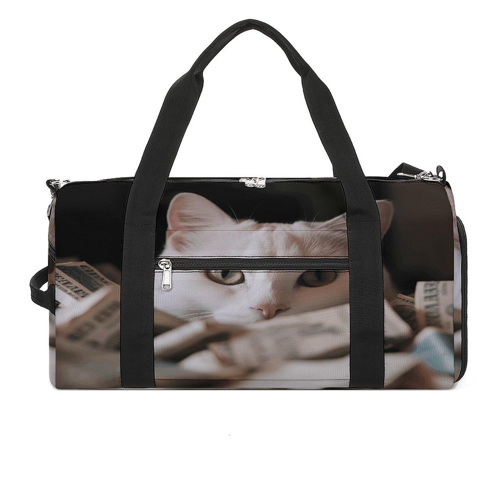 Turnbeutel für Damen und Herren, weiße Katze und Haufen Dollar-Druck, Turnbeutel, wiederverwendbarer Turnbeutel, Turnbeutel mit Schuhfach, Stil, Einheitsgröße, modern, Stil:, Einheitsgröße, Modern