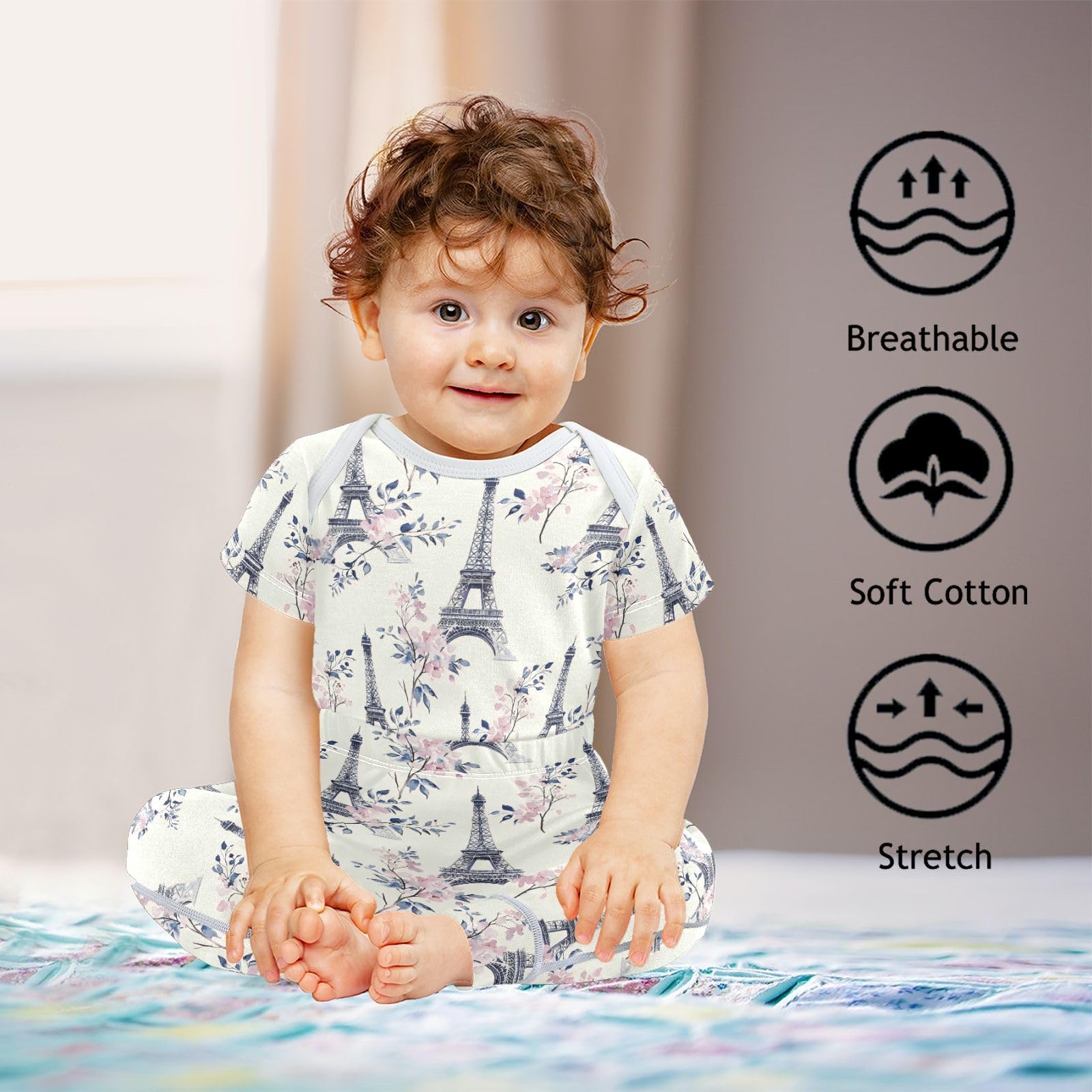 vvfelixl Retro Eiffel Tower Baby Layette Sets,Baby Bodysuits Set Unisex Short Sleeve Babys Pants Sets 9-12M