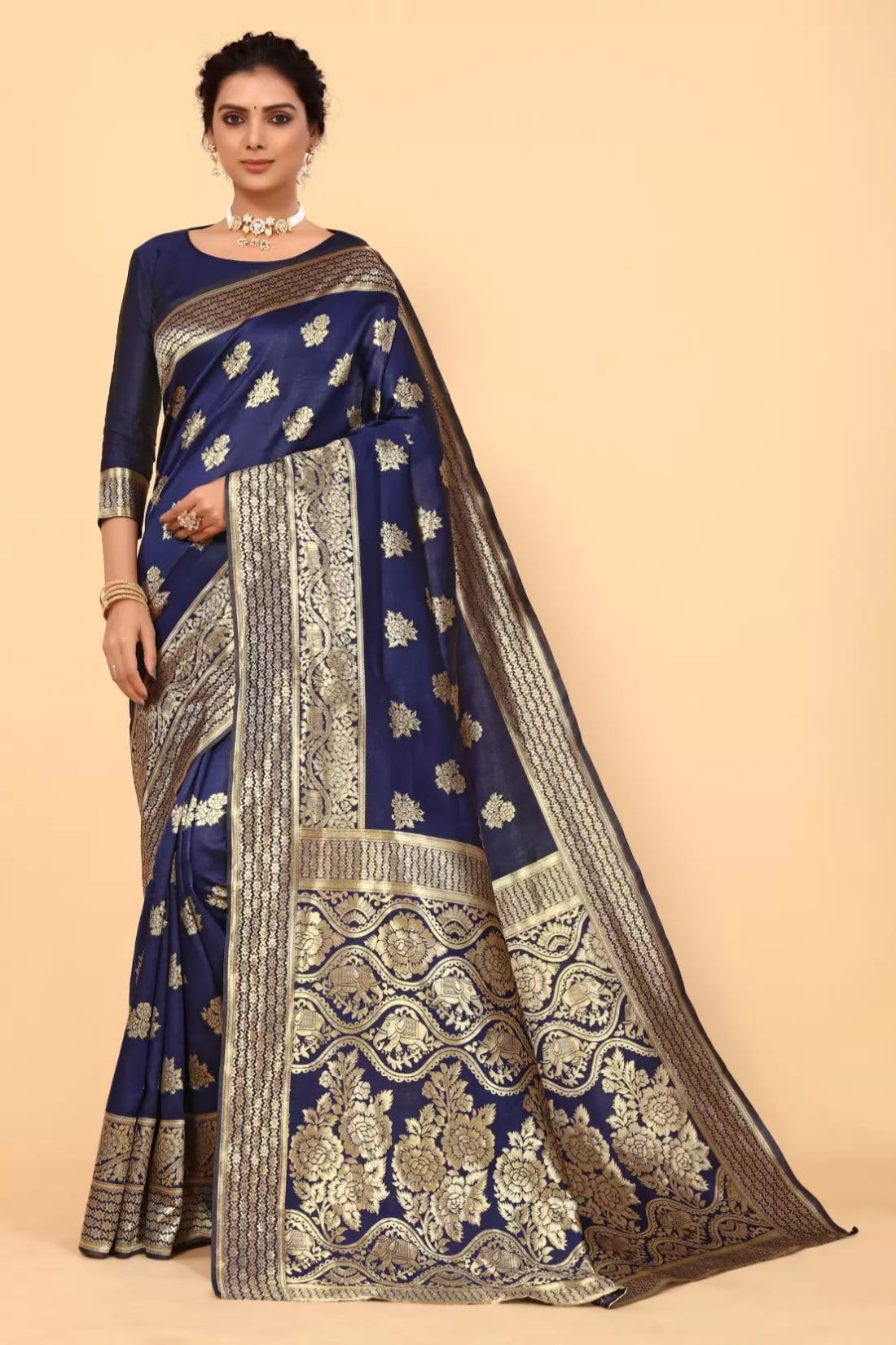 Sugathari Women's Banarasi Saree Pure Kanjivaram Silk Saree Soft New Ladies 2023 Design Wear Pattu Sarees Latest Cotton Party Sari Collections With Blouse Piece For Wedding Sadi (Pari 63 N Blue)
