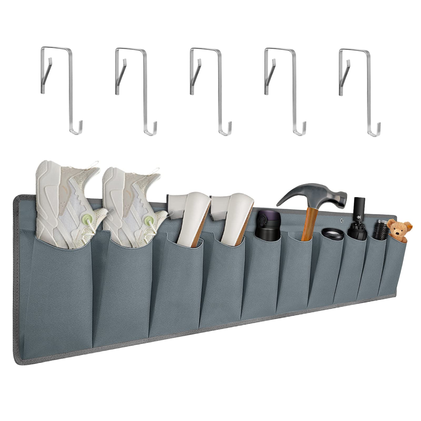 RV Shoe Storage Organizer RV Shoe Pockets. Hanging bedside storage pockets Can hold Shoes, Toys, and Gardening tools. 10 pockets and 5 sturdy hooks.(Grey)