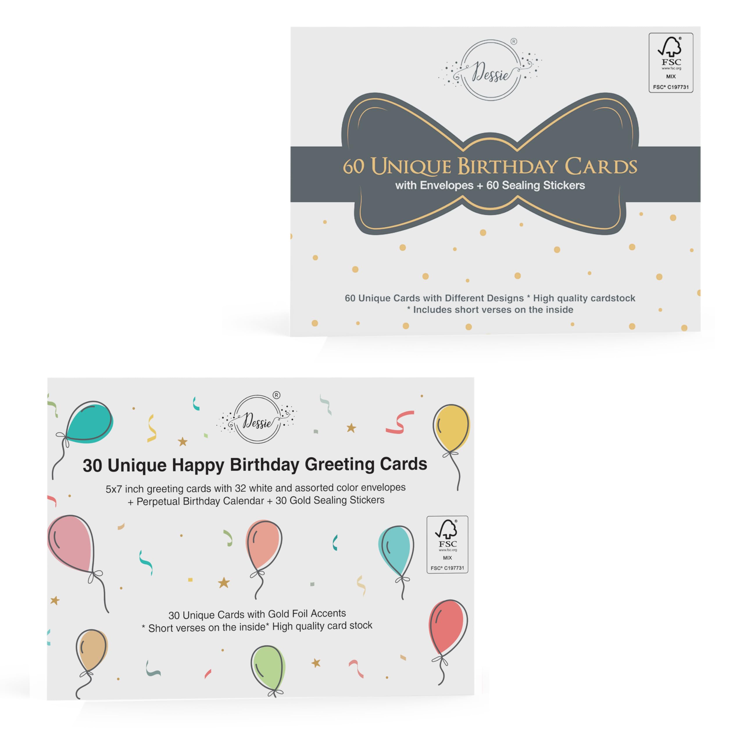 Dessie Birthday Cards Virtual Bundle – 90 Unique Birthday Cards Assortment with Generic Greetings, Gold Foil Accents, Envelopes, Gold Stickers & Perpetual Birthday Calendar