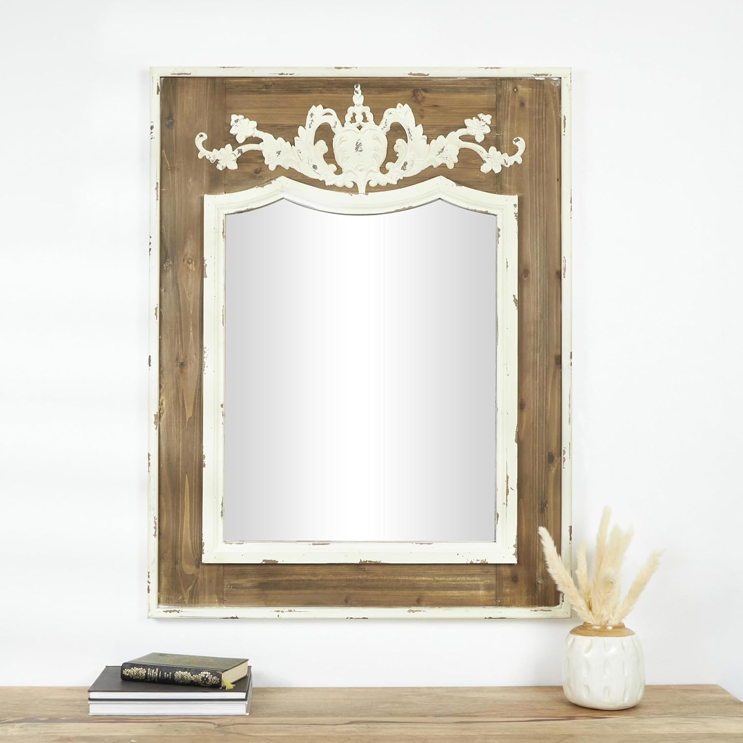 Scalloped 33" x 43" Brown and Cream Rustic Wooden Wall Mirror