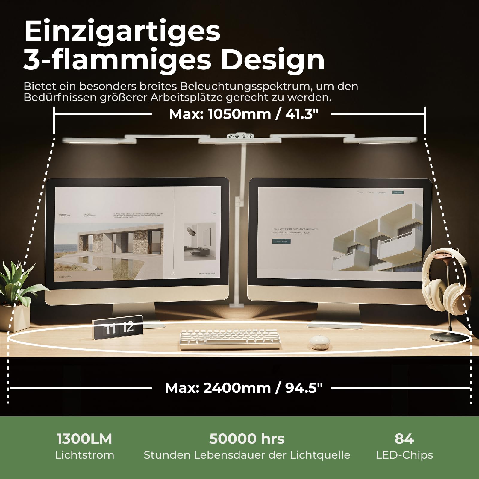 HOKO LED Schreibtischlampe, dimmbare Doppelkopf Klemmleuchte mit 1300 lm, 3000-6000 K, hohem CRI, 1050 mm ausziehbar für Dual Monitor, Homeoffice und L-Schreibtisch
