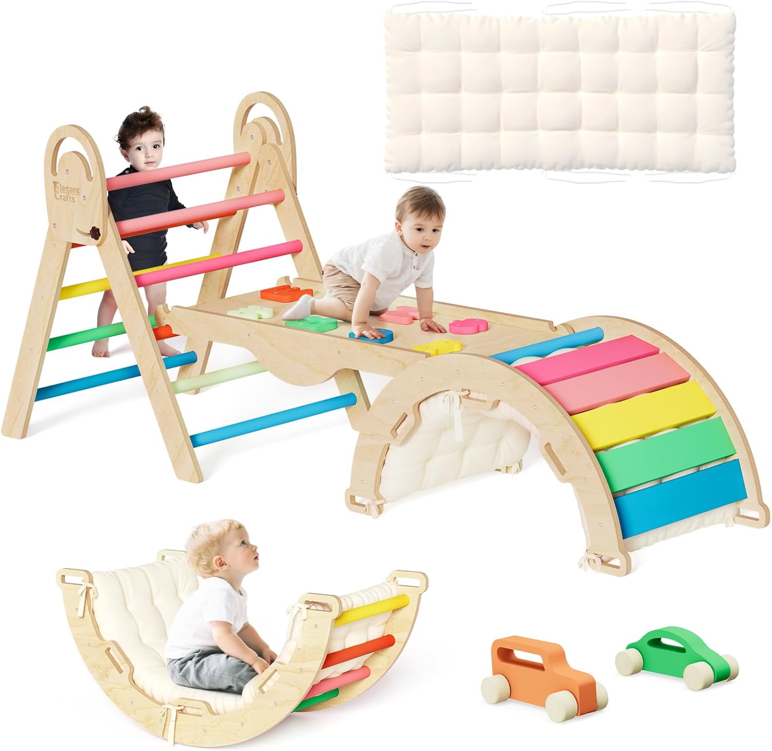 Pikler Triangle Set with Cushion, Montessori Climbing Set, Indoor Climb Toys, Indoor Playground Jungle Gyms, 9 Combinations Climbing Toy Set for Toddler, Baby, Kids 1-4 Rainbow & 2car & Cushion