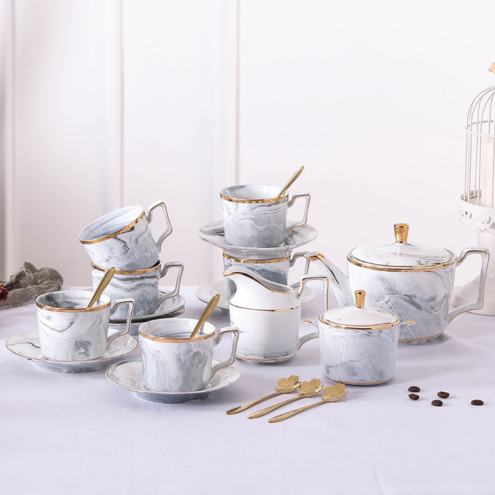 zestaw do herbaty, 15 sztuk porcelanowe zestawy do herbaty zestaw dla dorosłych filiżanki i spodki kawy ślubny serwis herbaciany z cukiernicą, dzbanek na mleko, śmietankę(Grey)
