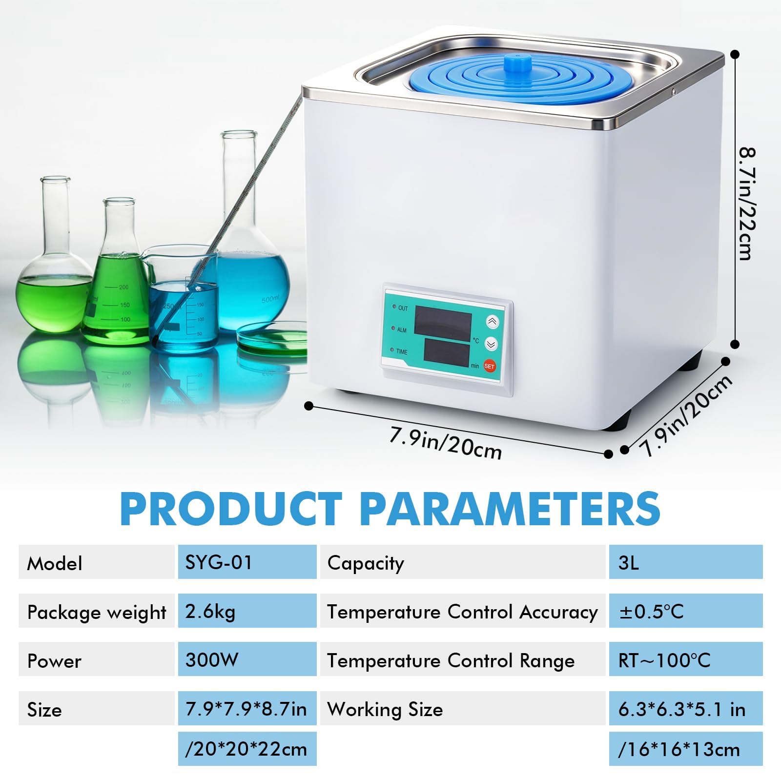 Calentador digital de baño de agua con temporizador y control de temperatura, forro de acero inoxidable y cubierta protectora, 3 L para uso en laboratorio, función anticombustión en seco