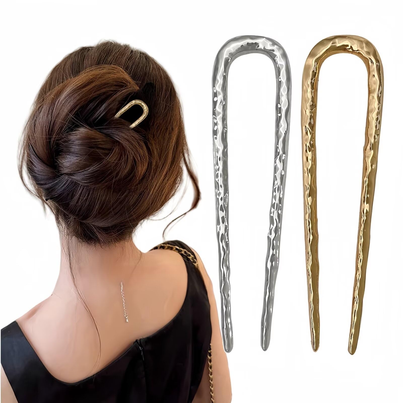 FRDTLUTHW 2PCS U Shaped French Twist Metal Hair Pins for Women,Cute Wavy Hair Forks for Long Thick Hair,Medium Long Silver Gold Hairpins,2 Prong Hair