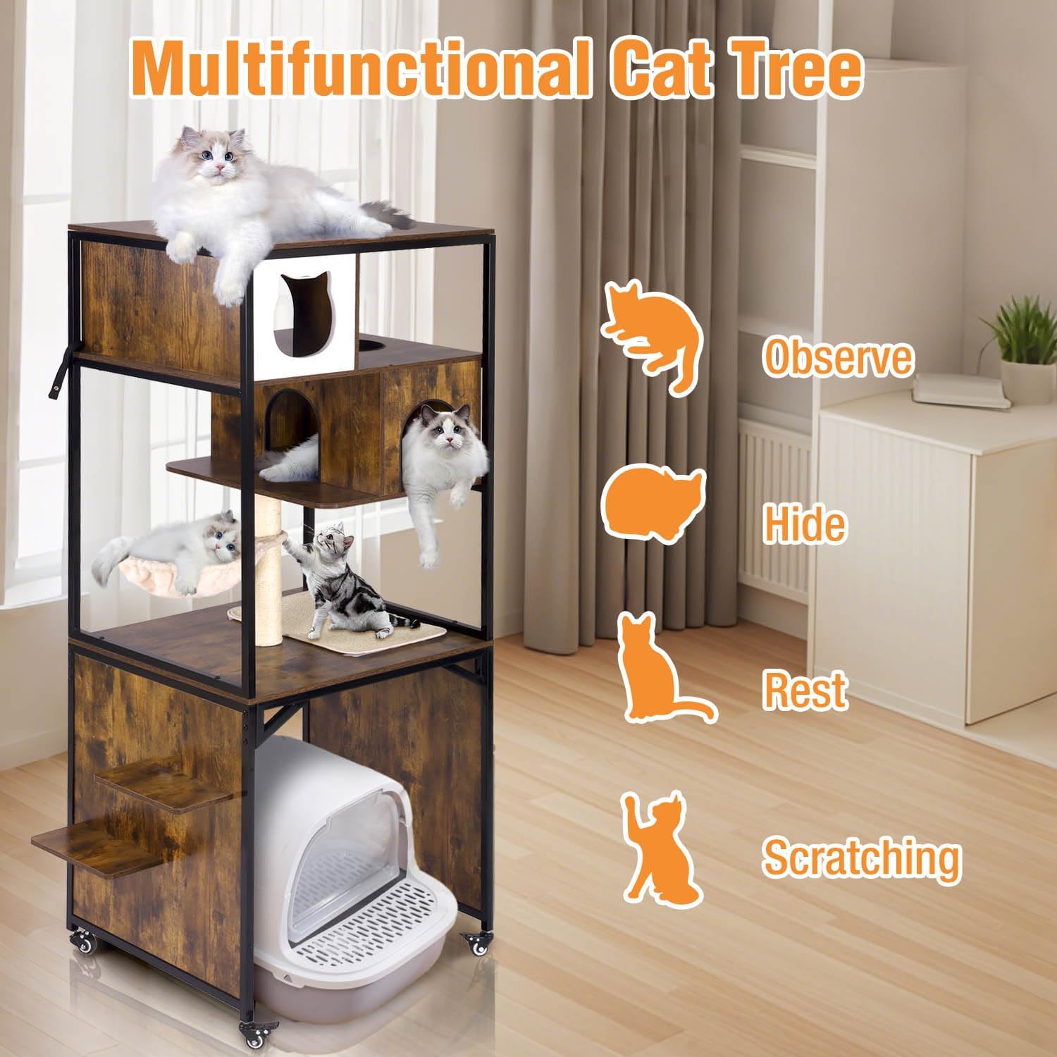 68-Inch Cat Tower with Litter Box Enclosure & Hammock – 2-in-1 Indoor Cat Tree Furniture, Metal Frame,Easy Assembly Cat Condo for Multi-Cat Households