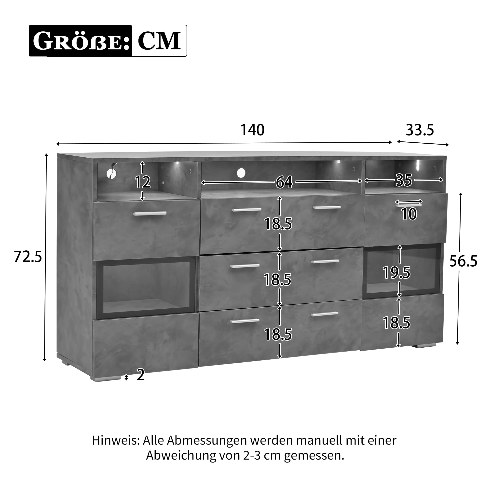 Merax Sideboard mit LED-Beleuchtung, Modernes Kommode mit 2 Türen, 3 Schubladen, offener Stauraum, Mehrzweckschrank mit transparenten Acryltüren, Standschrank Flurschrank für Wohnzimmer, 140cm, Grau