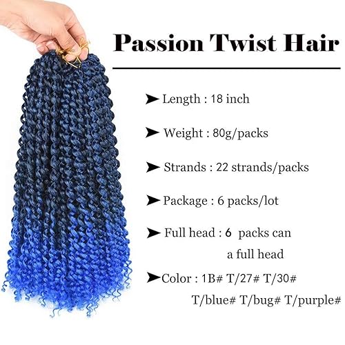 Miniatura 3 de 6 paquetes de cabello Passion Twists de 18 pulgadas, color azul degradado con ondas de agua, cabello sintético de ganchillo Passion Twist,