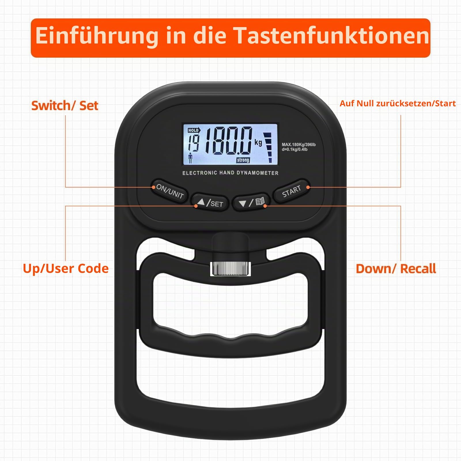180 kg Griffkrafttrainer, wiederaufladbares elektronisches Handdynamometer, digitaler Griffkraft-Tester mit LCD-Display, Verstellbarer Handgriff-Dynamometer, Handtrainer für Kraft
