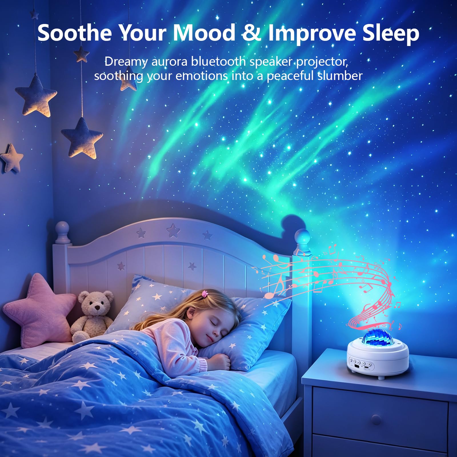 HUMIIEYE Projecteur d'étoiles avec haut-parleur Bluetooth, veilleuse à piles 1800 mAh, projecteur de galaxie, projecteur d'aurore boréale avec lune, éclairage d'ambiance pour chambre à coucher
