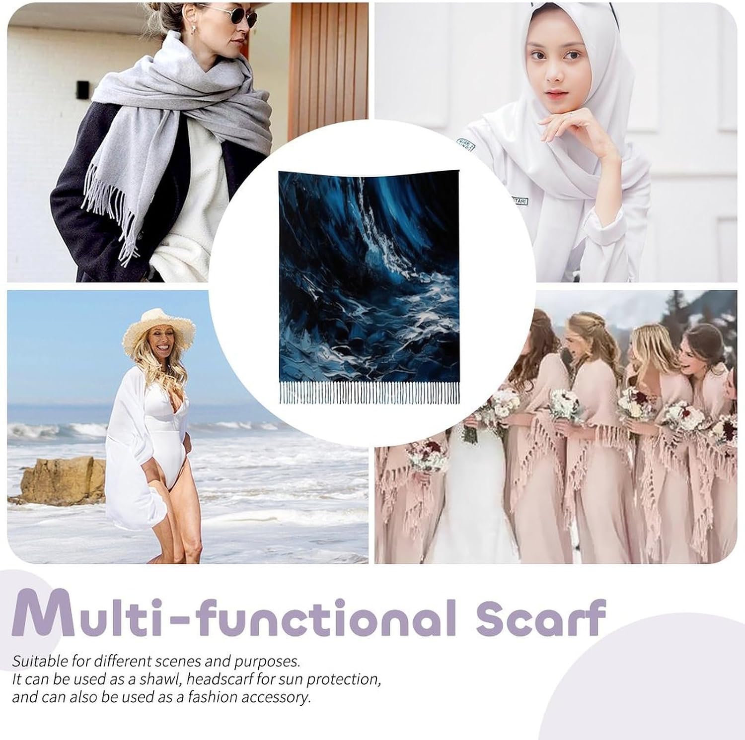 Blue Wave Painting Scarf for Women Men Classic Fashion Blanket Scarves Soft Cashmere Feel Scarf Cold Weather Warm Long Shawl Winter Large Scarves Classic Blanket Scarfs Thick