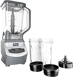 Liquidificador Ninja BL660 Profissional compacto, processamento de alimentos e vitaminas, 1.100 W, 3 funções, jarra de 2 L, 2 copos de 473 ml com tampas de bico para viagem, cinza