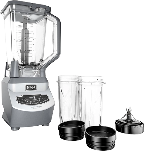 Liquidificador Ninja BL660 Profissional compacto, processamento de alimentos e vitaminas, 1.100 W, 3 funções, jarra de 2 L, 2 copos de 473 ml com tampas de bico para viagem, cinza