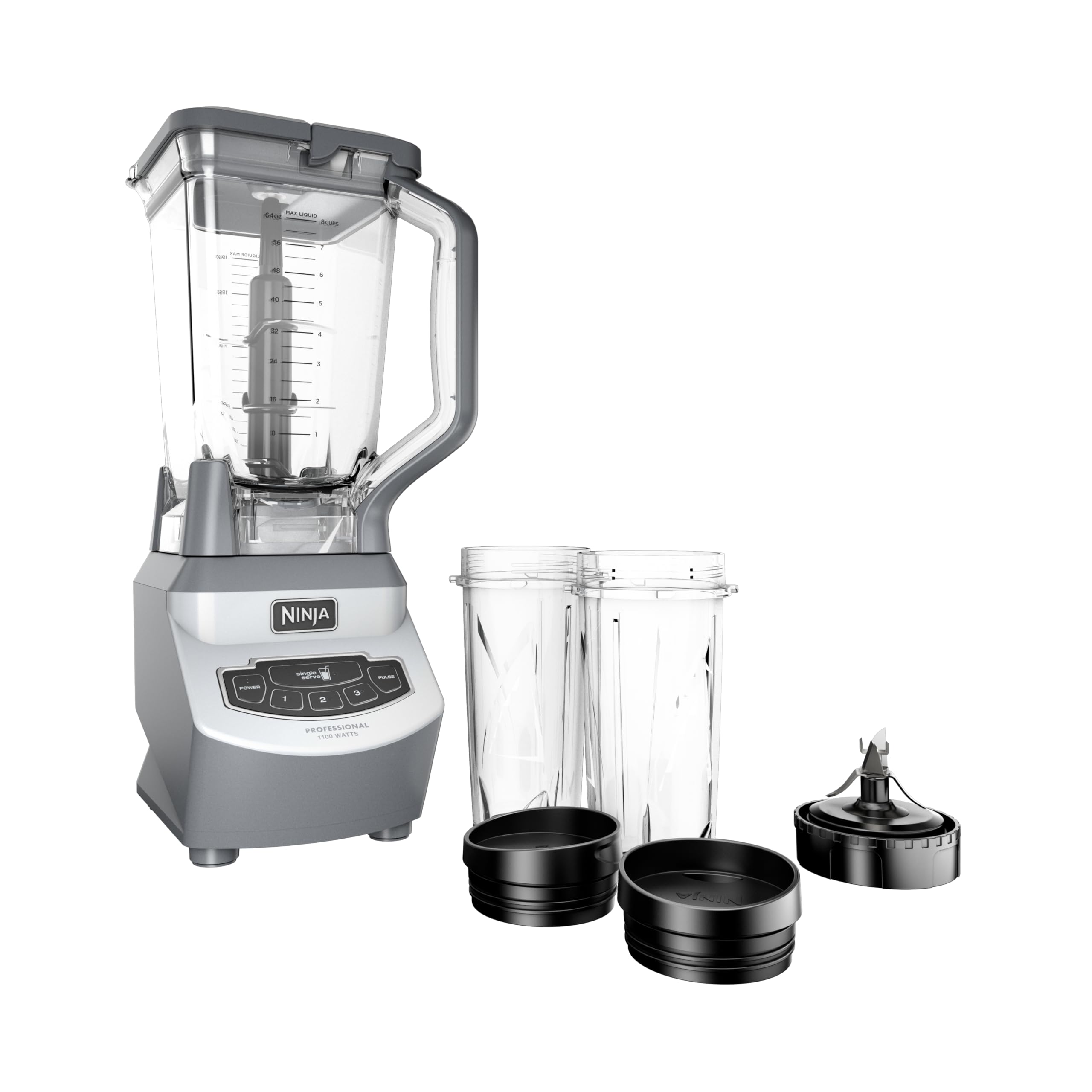 Ninja Bl660 Professional Blender with Base, 1100 W blending bowl with a total capacity of 2 L and 2 x 0.4 L Glasses for Cold Drinks and Smoothies, Grey
