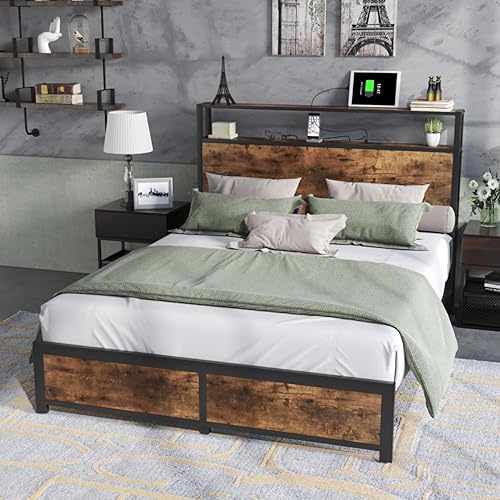 Catrimown Marco de cama de tamaño matrimonial con cabecera de almacenamiento, marco de cama de plataforma matrimonial con cabecera de 2 niveles,