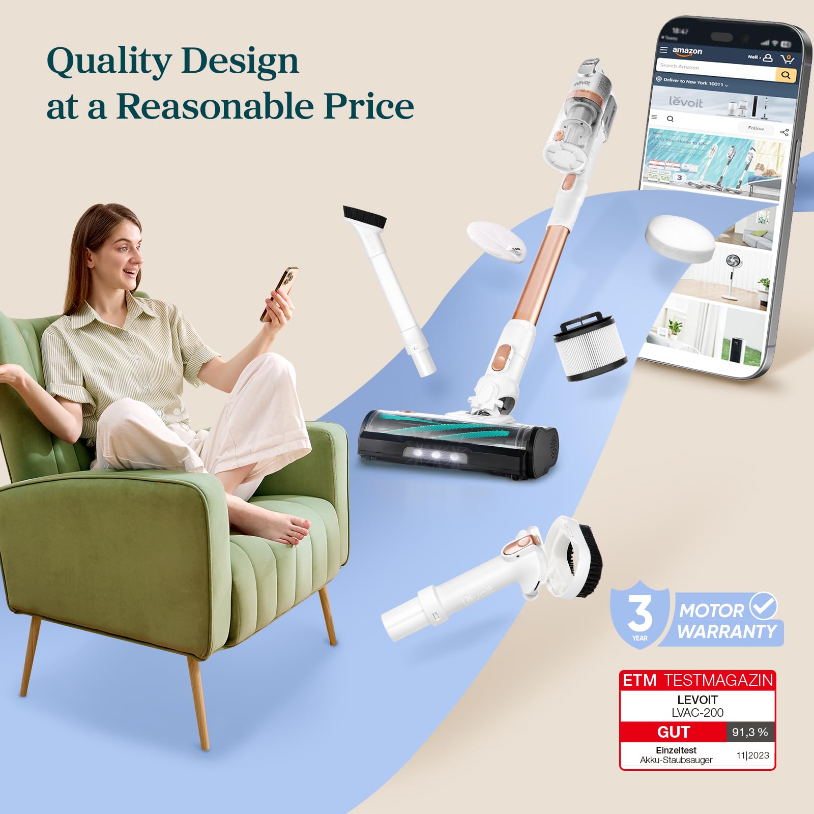 Levoit Cordless Vacuum Cleaner with Anti Hair Wrap,Hard Floor Clean Performance 99.7%,Up to 50 Mins Runtime,Lightweight,5-Level Filter/8-in-1 Crevice Tool for Hardwood Floor Stair Carpet Car Pet Hair