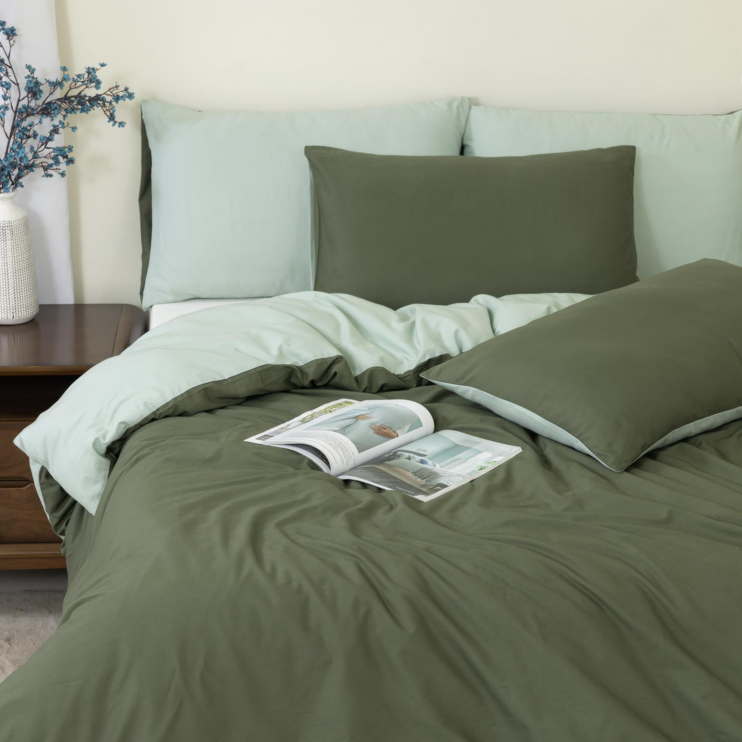 Mhg Living Green Reversible Duvet Cover,Single Duvet Cover Set,100% Cotton Bedding Sets,Single Duvet Cover,Soft & Breathable Duvet Covers,Button Closure,Duvet Cover With 1 Pillow Case,Quilt Cover (135X200)