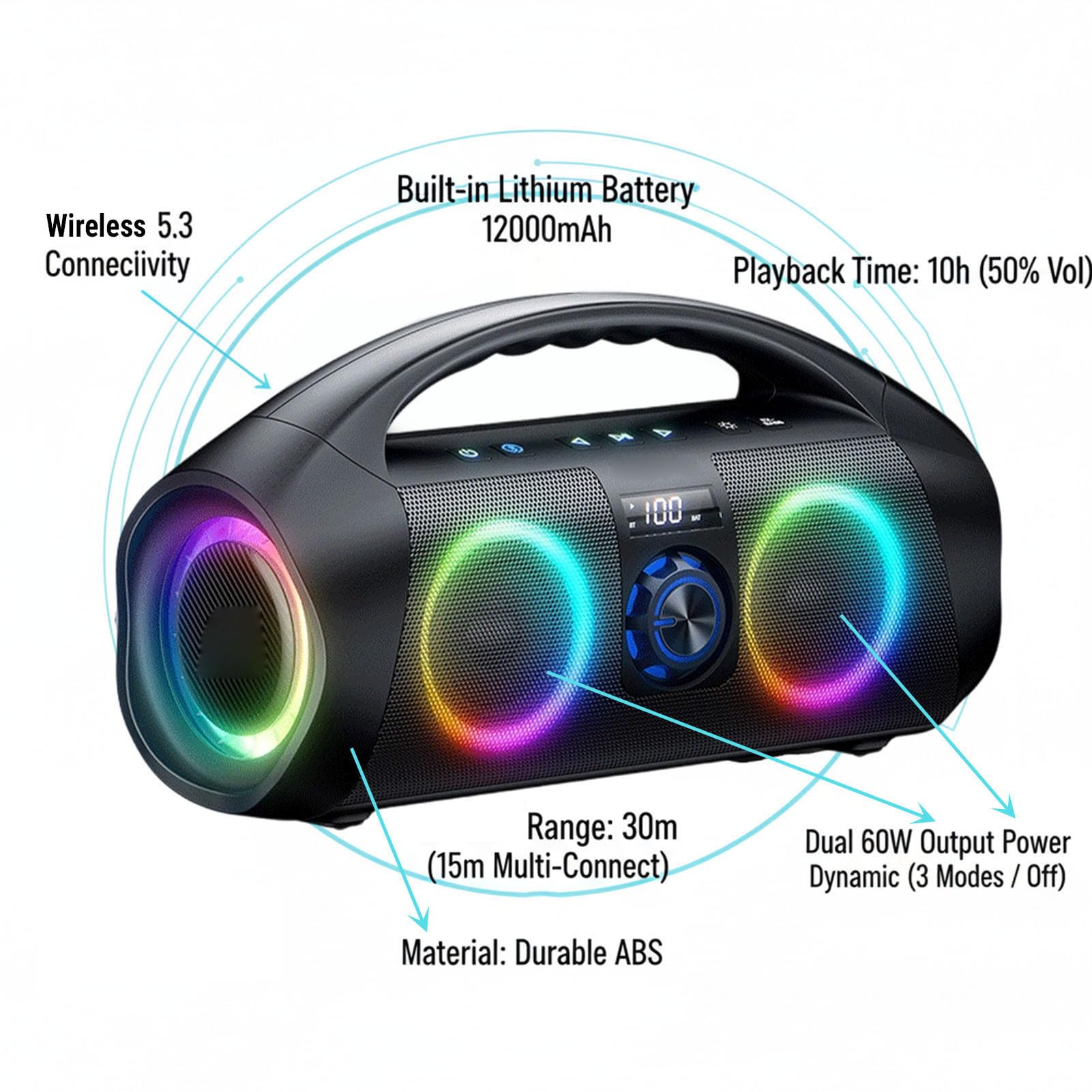 Altoparlante Bluetooth da esterno da 120 W con bassi potenti per EDM, hip hop e musica metal, altoparlante portatile per feste a lungo termine per campeggio spiaggia (1 altoparlante)