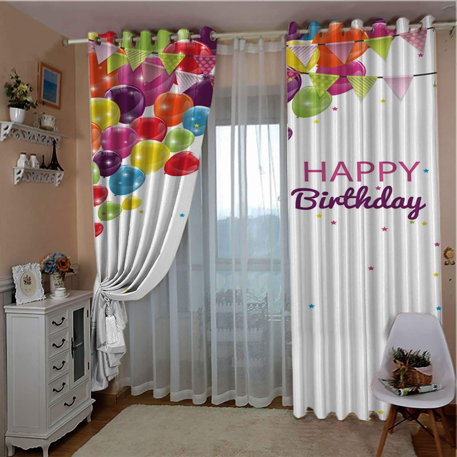 Zasłony zaciemniające do salonu z oczkami, balony Happy Birthday, w gwiazdki, nieprzejrzyste, nowoczesne, 274 x 183 cm
