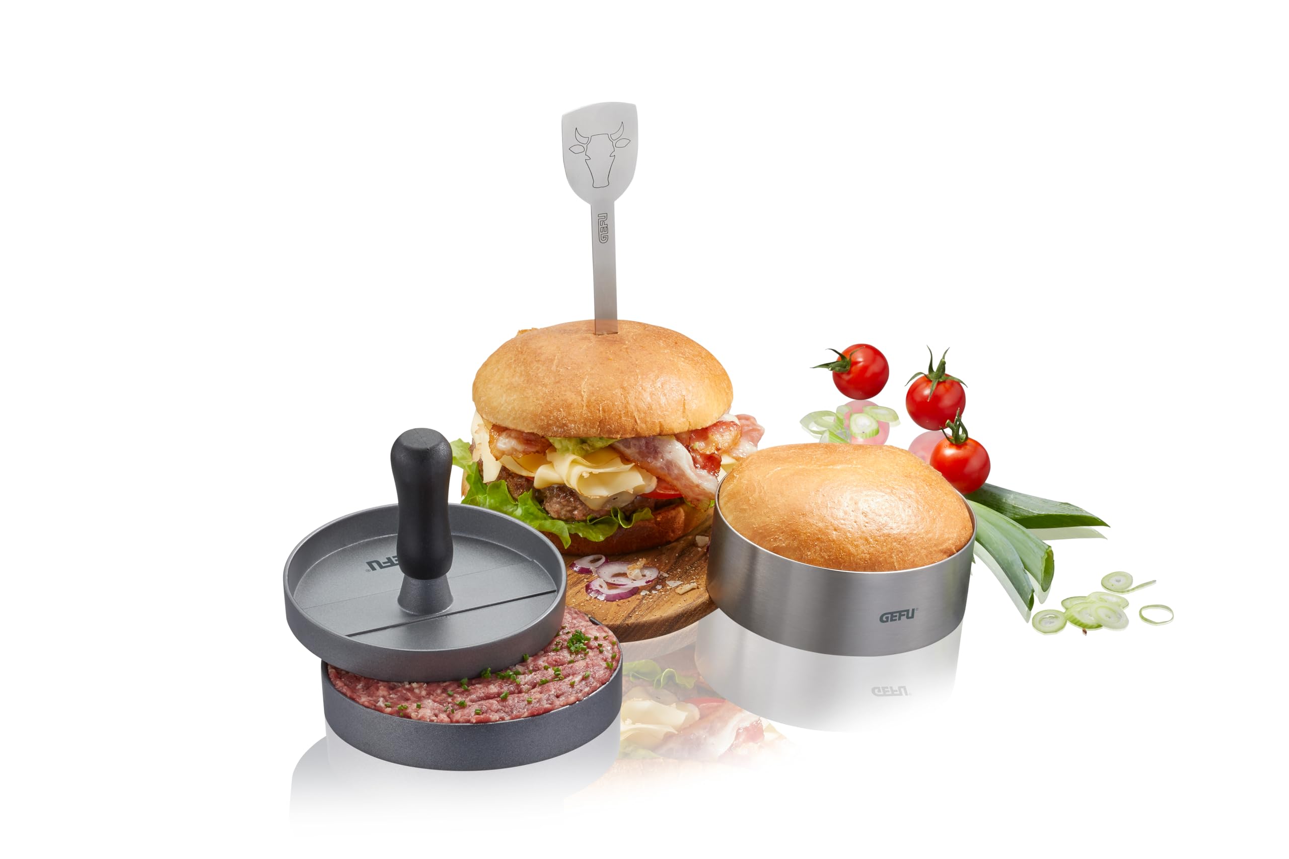 GEFU 4-teiliges BBQ Burger-Set - Burgerpresse, Schmelzglocke & Ring