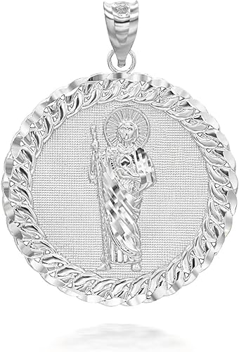 Claddagh Gold Collar y colgante de plata de ley 925 maciza con eslabones cubanos de San Judas con marco redondo