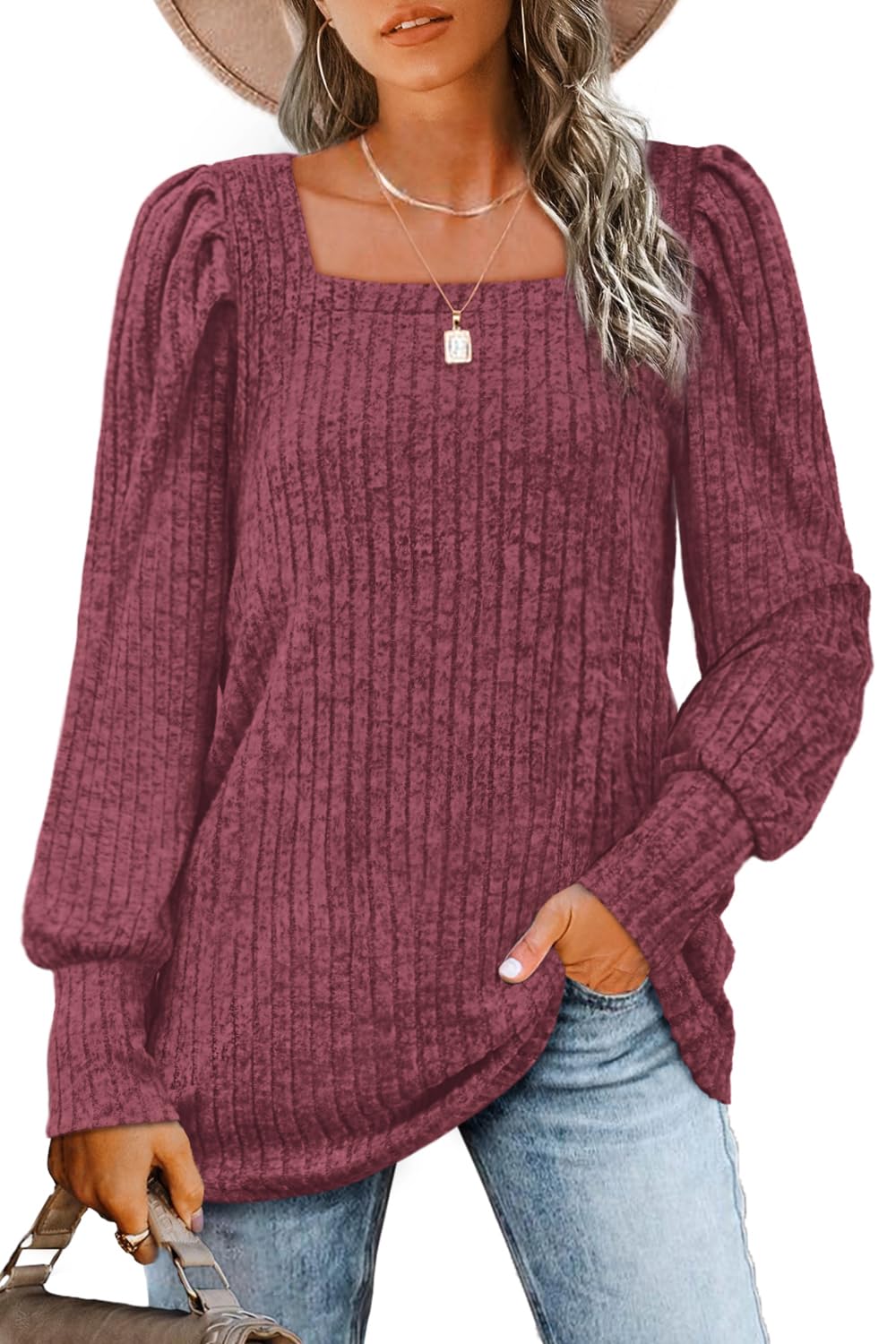 WIHOLL Long Sleeve Shirts for Women Trendy Casual Square Neck Tops Lightweight Sweaters