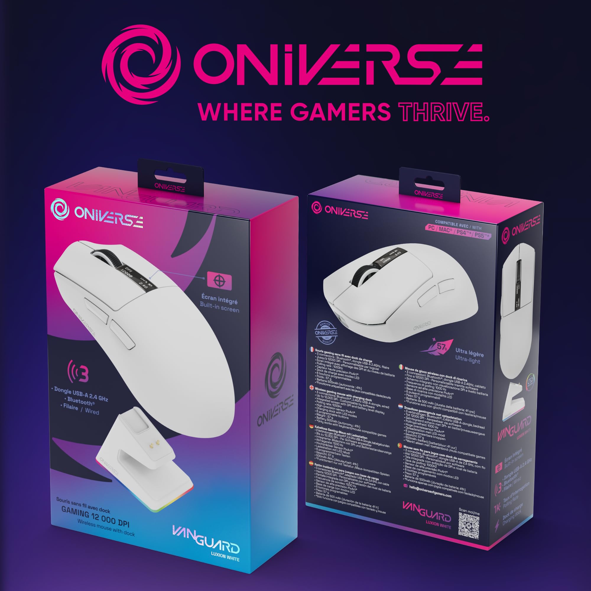 Ratón inalámbrico para Gamers con Base de Carga, Sensor PixArt 12000 dpi, 3 Modos de conexión (2,4 G/Bluetooth/Cable), Pantalla integrada, Polling Rate 1000 Hz, para PC/Mac/PS5/PS4
