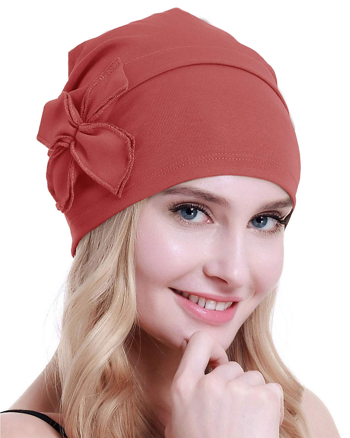 Osvyo Women's Cotton Coral Red Cotton Chemo Turbans Headwear Beanie Hat Cap For Cancer Patient Hairloss Coral Red