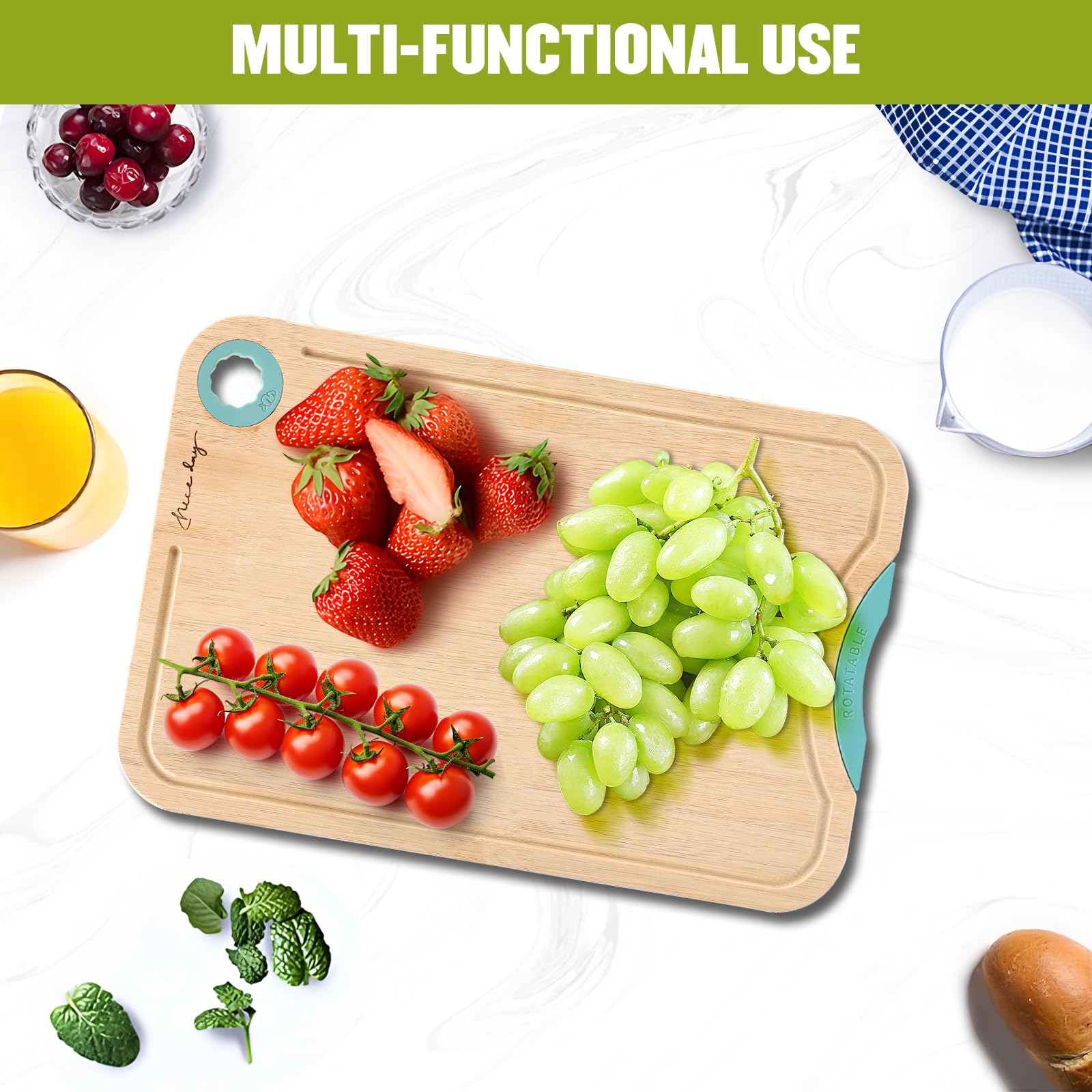 Tablas de cortar de madera para cocina, tabla de cortar de bambú de doble cara con ranura para jugo y soporte giratorio, tabla de cortar duradera y fácil de limpiar, regalo ideal para utensilios de